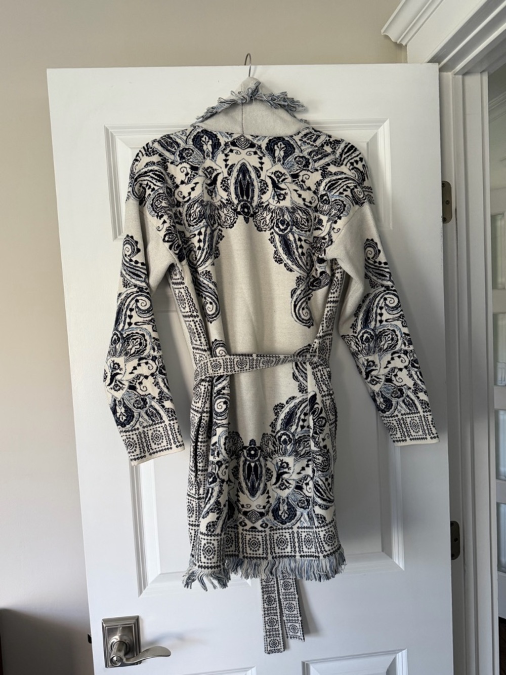 Chico's Cream and Black Paisley Fringe Open Cardigan - Picture 2 of 4